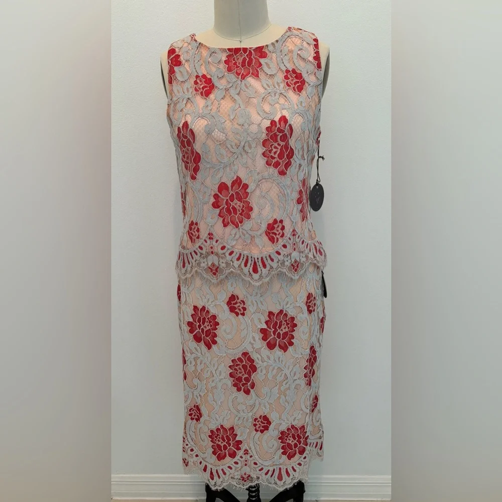 Eva Franco Lace Top & Skirt Set NWT 2 Pcs Persimmon Blue & Pale Pink Size 8